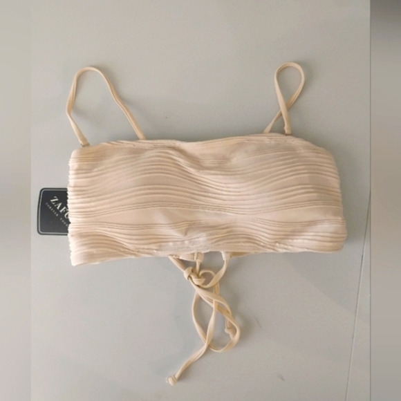 ZAFUL Women Textured Bandeau Bikini Top Lace up Strapless Swimsuit Solid Color 6 - Picture 2 of 12